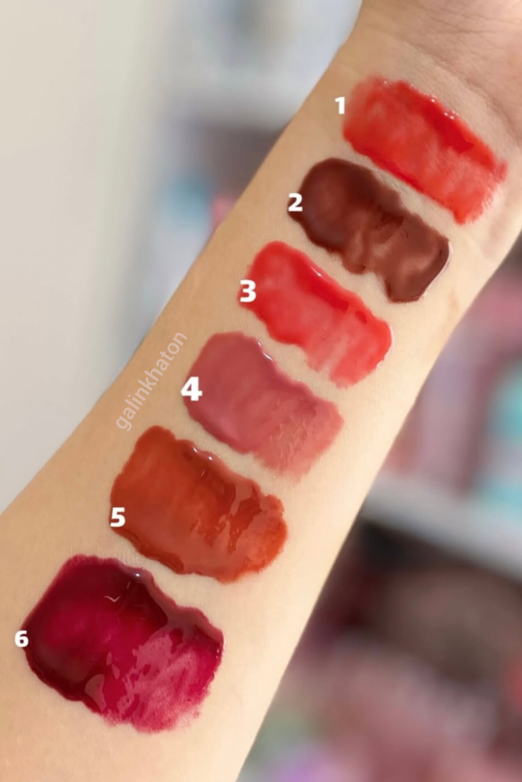 سواچ کامل مربای لب اولی بولا روی دست | تست ۶ رنگ رژ مربای لب دوپ شیگلم با شماره‌گذاری | swatch lip jam Oulie Bola