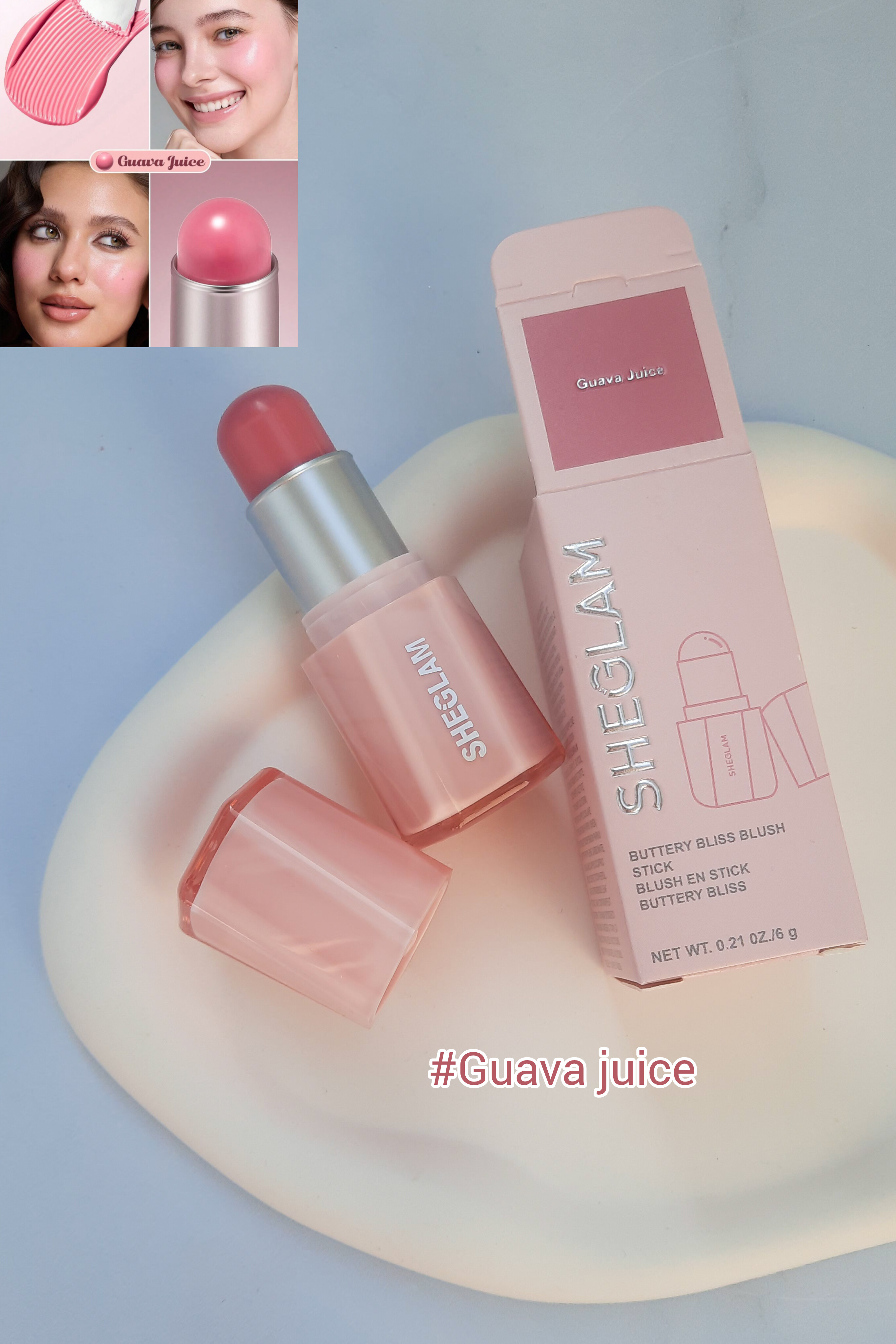 رژگونه کره‌ای Sheglam درب‌باز کنار جعبه، با تست رنگ واقعی برای نمایش کیفیت محصول