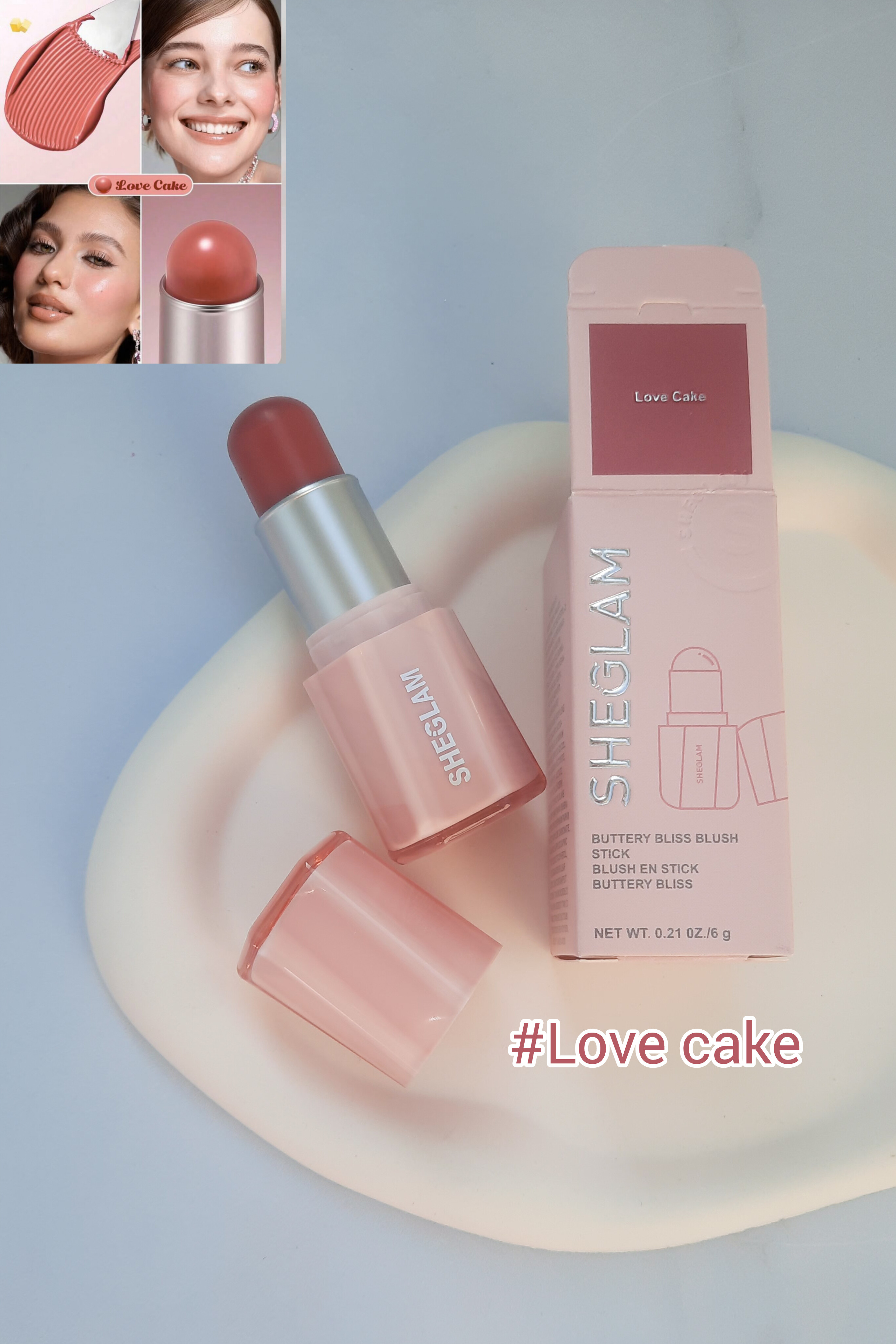 نمای نزدیک رژگونه کره‌ای Sheglam کنار جعبه با سواچ رنگ دقیق برای انتخاب سریع‌تر