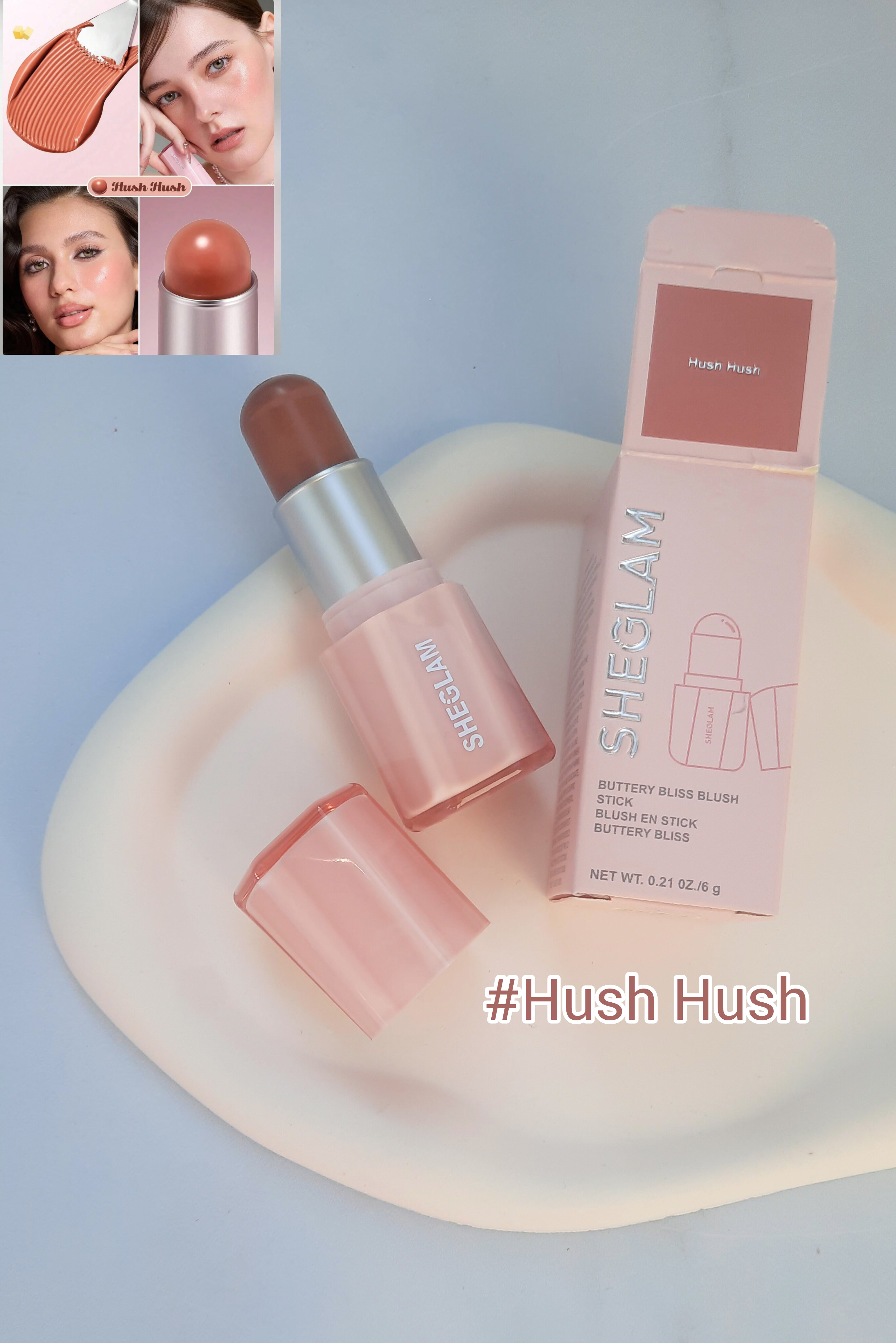 رژگونه کره‌ای Sheglam همراه جعبه و تست رنگ روی شیپ سنگی سفید برای بررسی بهتر تناژ