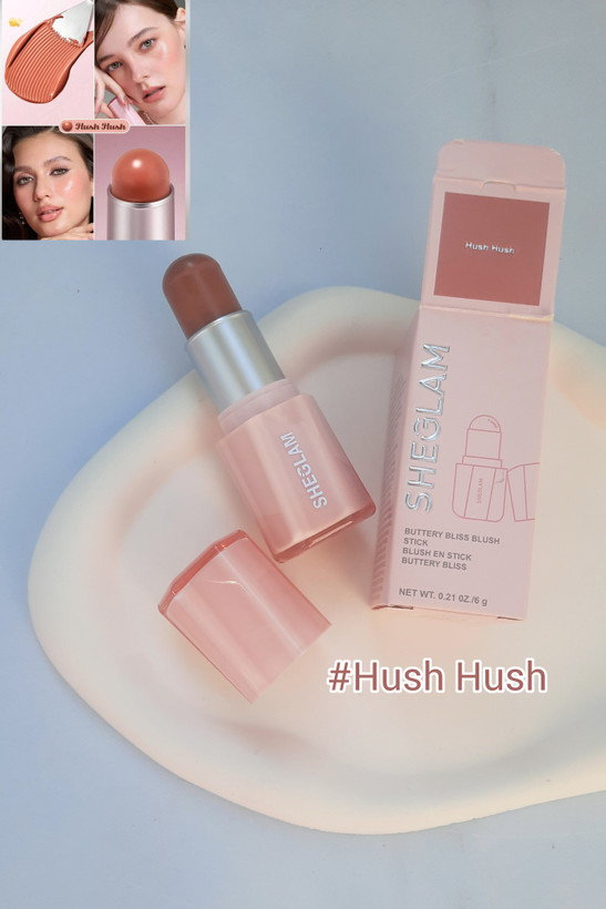 رژگونه کرهای Sheglam همراه جعبه و تست رنگ روی شیپ سنگی سفید برای بررسی بهتر تناژ