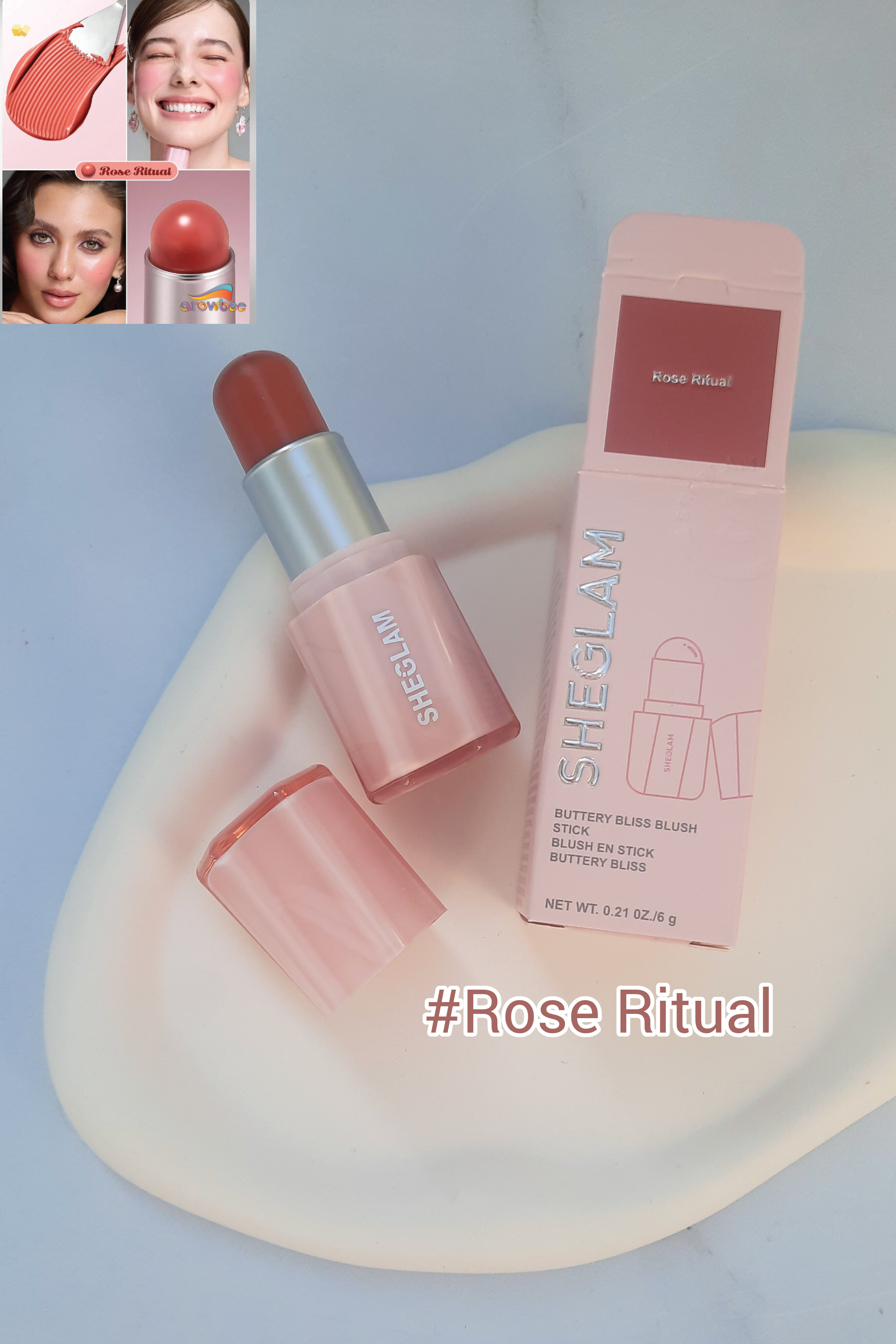 تصویر رژگونه کره‌ای Sheglam در کنار بسته‌بندی و سواچ رنگ واقعی برای راهنمای خرید